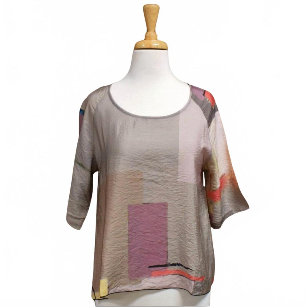 NEW 3 POTATO women's pastel squares abstract top in grey multi